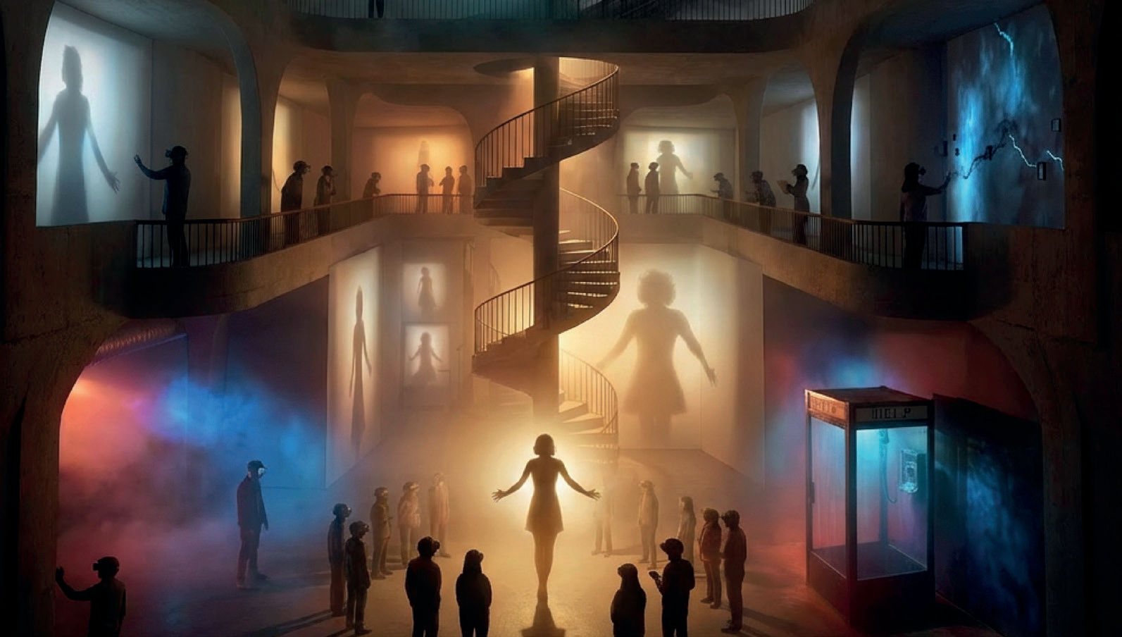Installation immersive Marilyn avec silhouette et escalier en colimaçon