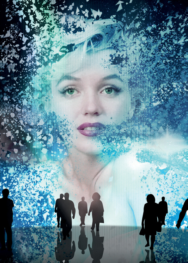 Silhouettes de visiteurs devant projection XR immersive de Marilyn Monroe
