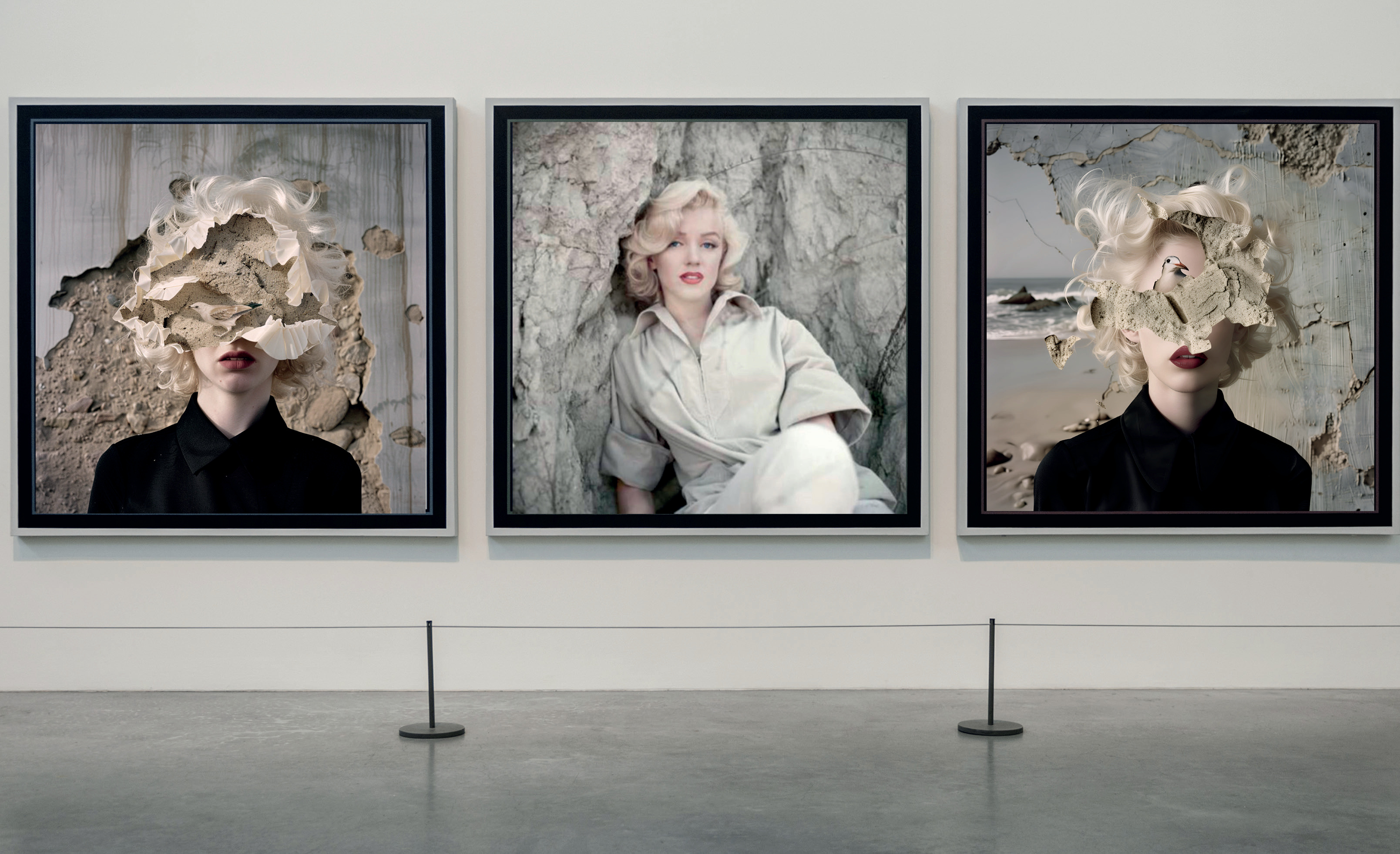 Triptyque de portraits Marilyn revisités par IA, effets de matière