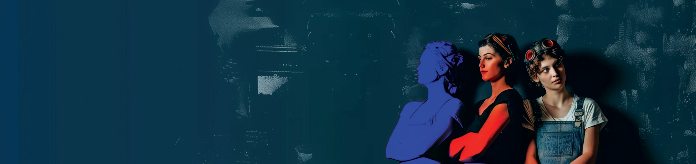 Trois silhouettes de femmes superposées en bleu, rouge et naturel