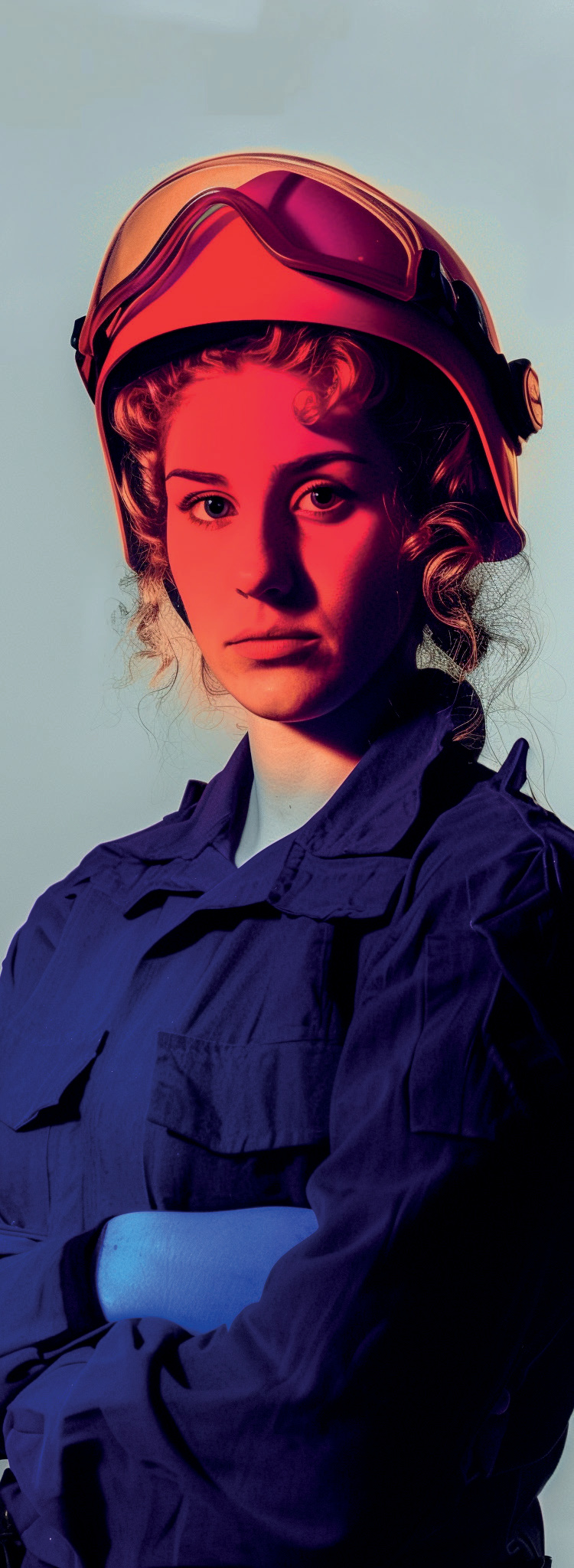 Femme en bleu de travail, casque d'aviatrice, teintes bicolores