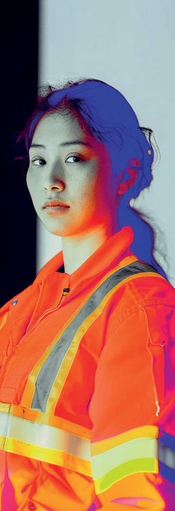Femme en gilet de sécurité orange, teintes tricolores