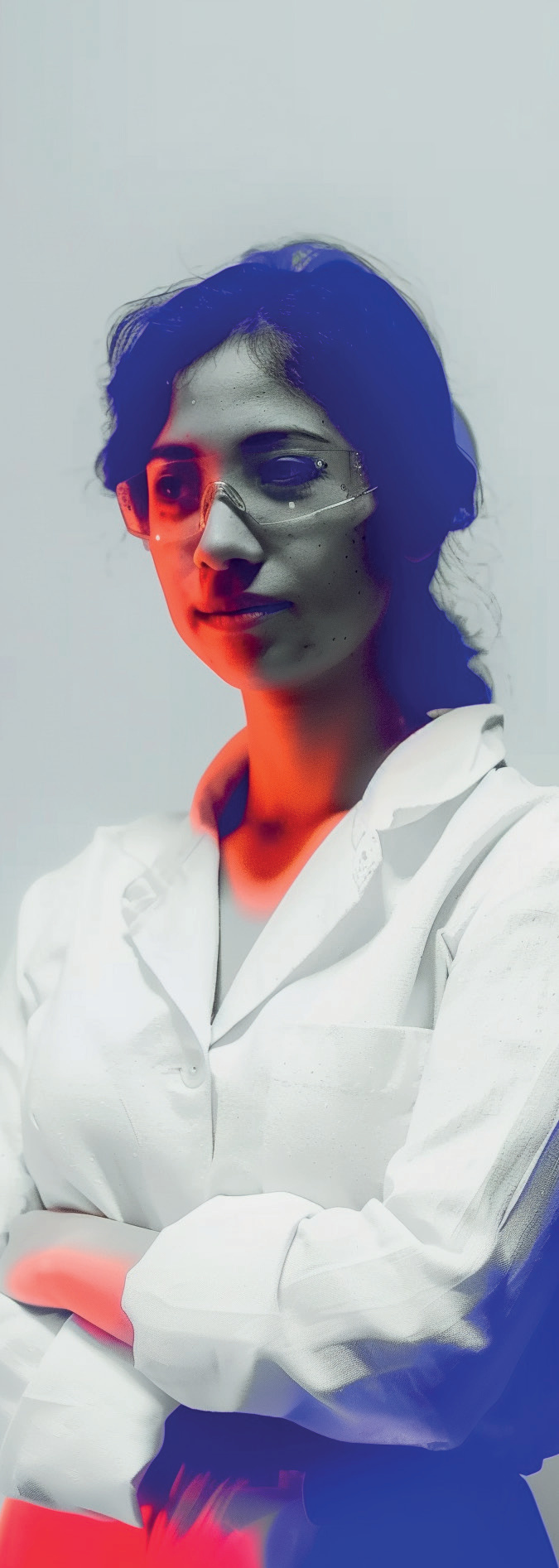 Femme en blouse blanche, lunettes de protection, tricolore