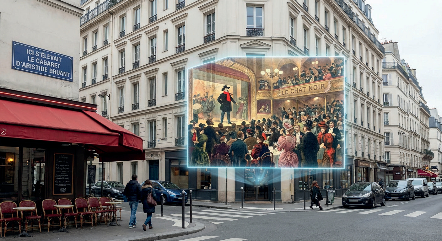 Visiteurs devant le Moulin Rouge avec hologrammes Belle Époque