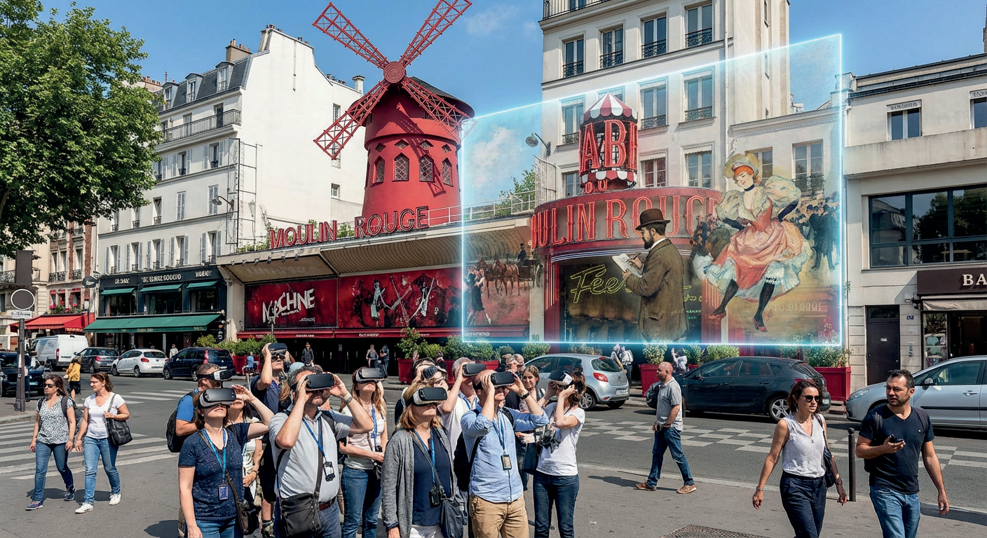 Rue de Montmartre avec projection RM d'une scène de bal XIXe