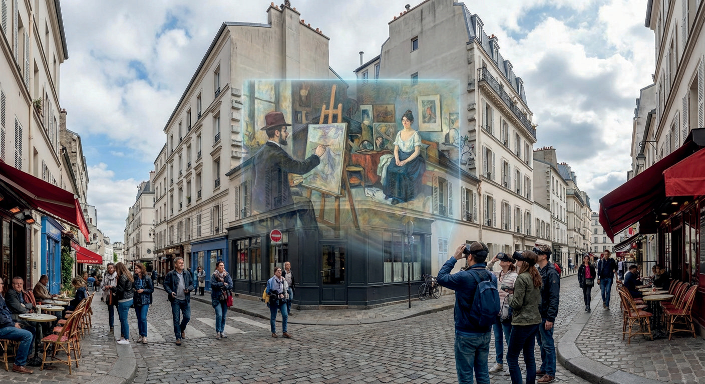 Vue historique en noir et blanc de Montmartre superposée au quartier actuel