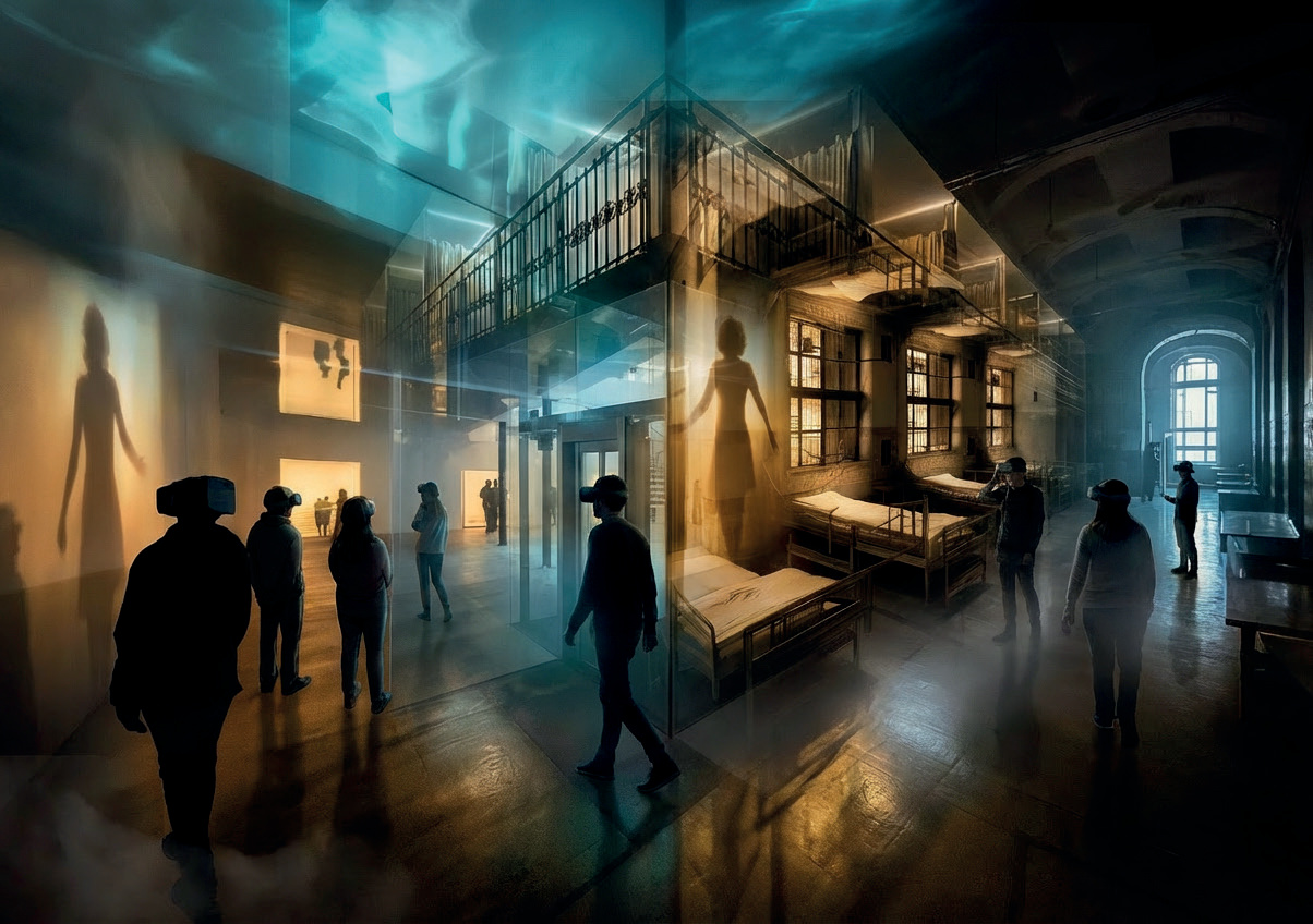 Galerie interactive avec visiteurs explorant des installations en réalité mixte