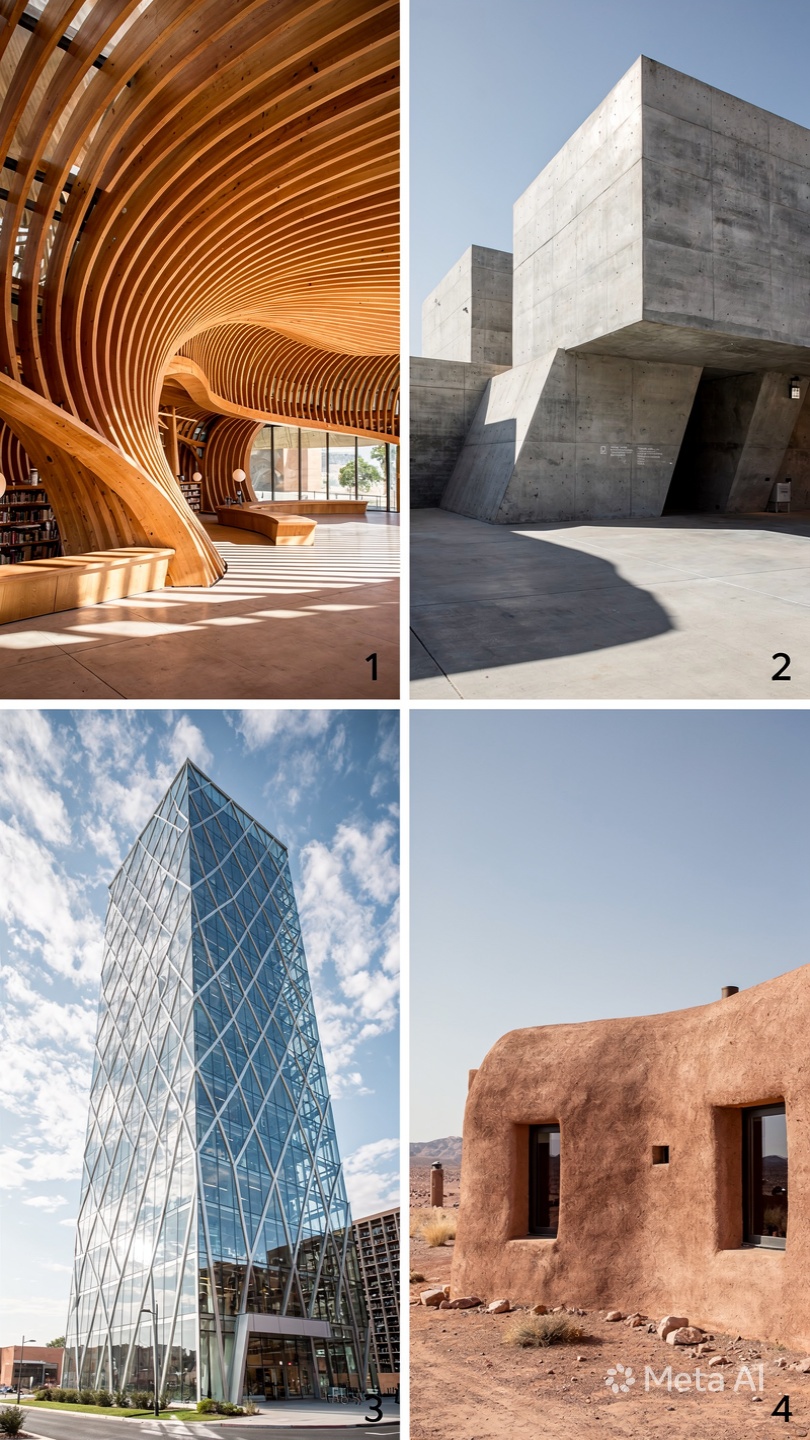 Quatre architectures numérotées : 1, intérieur aux grandes courbes de bois ; 2, bâtiment de béton brut ; 3, tour de verre ; 4, maison en terre ocre dans le désert