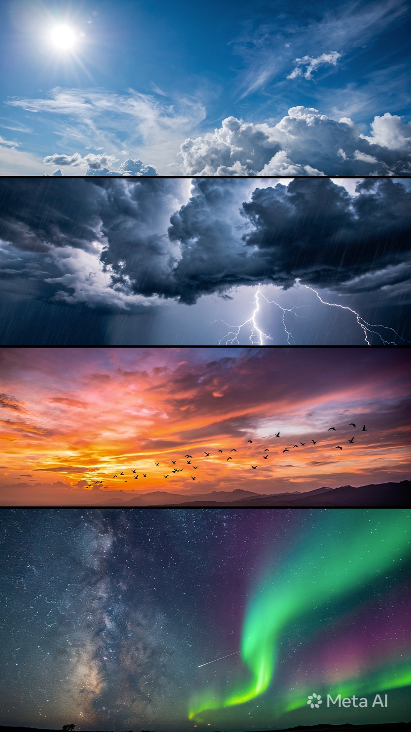 Quatre ciels superposés : soleil et nuages blancs ; orage et éclairs ; coucher de soleil traversé par un vol d'oiseaux ; nuit étoilée avec une aurore boréale verte