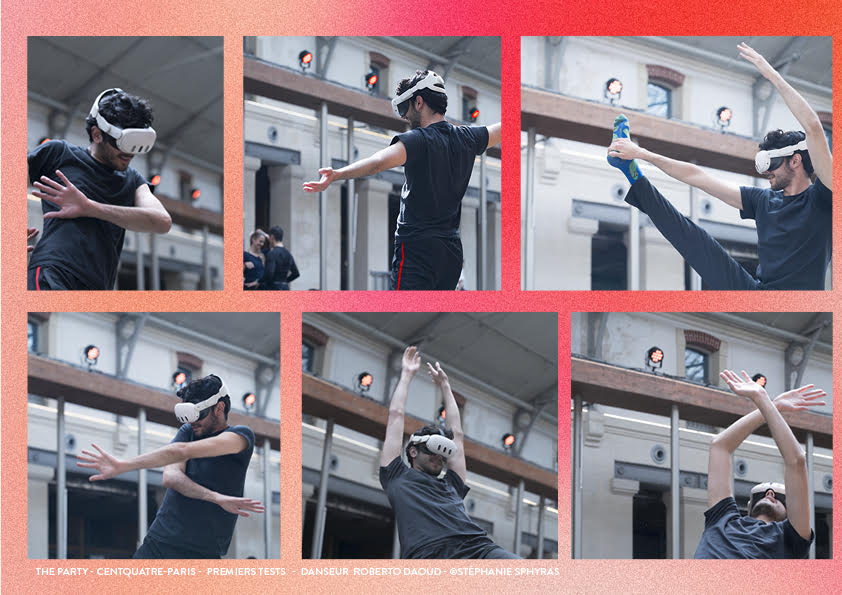 The Party : danseur équipé d'un casque VR dans un montage de six photos au Centquatre-Paris